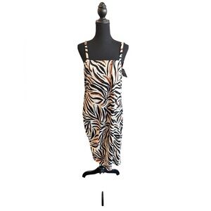 Mlle Gabrielle Black and Tan Rouched Midi Dress Zebra print size 1X NWT‎
